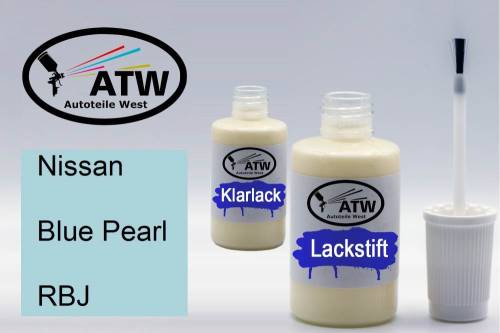 Nissan, Blue Pearl, RBJ: 20ml Lackstift + 20ml Klarlack - Set, von ATW Autoteile West.